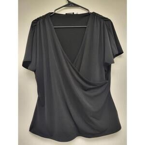 Tahari Shirt Womens Large Black Camilia Blouse V-Neck Ruched Wrap Knit M19MJ558
